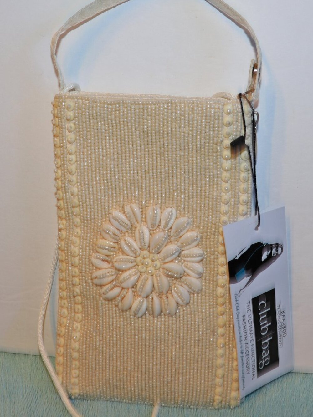 NWT Bamboo Trading Company  Hand Beaded Club Ivory Cross Body Bag 8"X5"